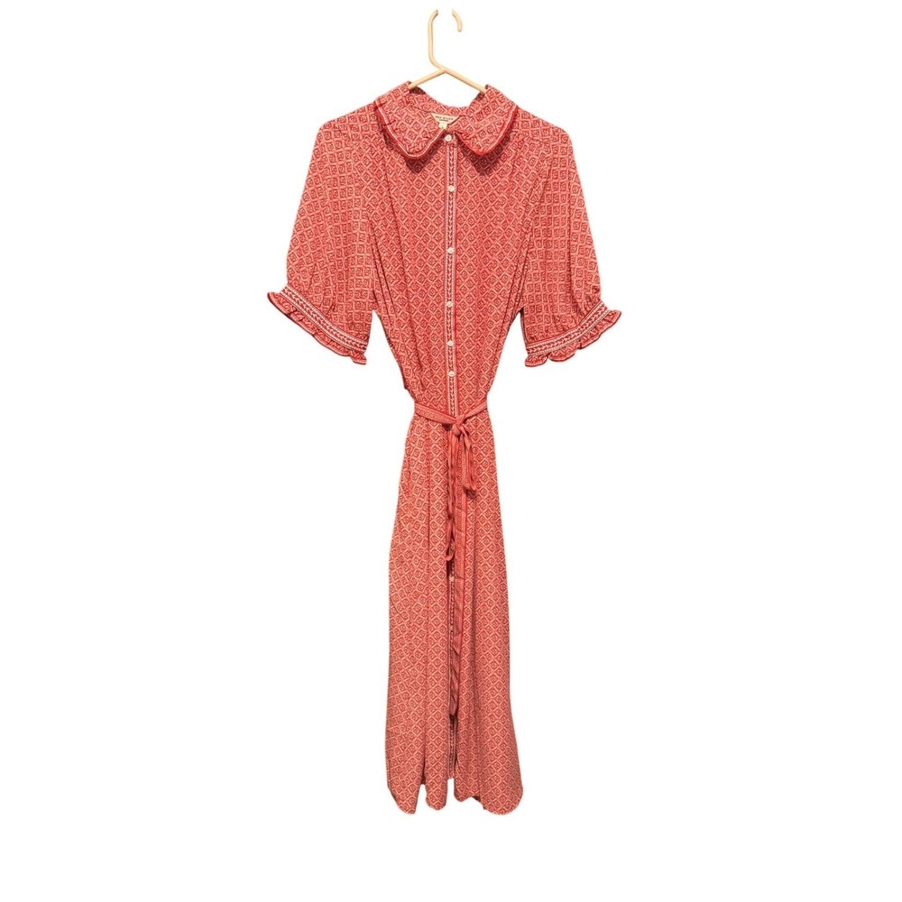 Max Studio Red Geometric Floral Midi Dress Short Puff‎ Sleeve Peter Pan Collar - Picture 2 of 9
